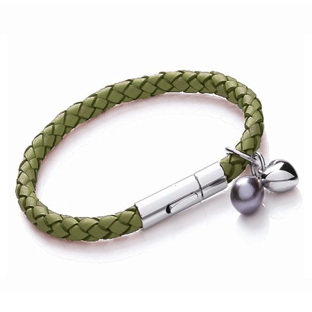 T1047 Green Ladies Leather Bracelet with Heart & Pearl Charms