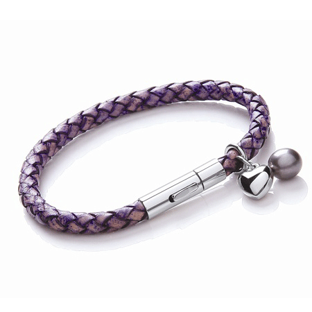T1047 Violet Ladies Leather Bracelet with Heart & Pearl Charms