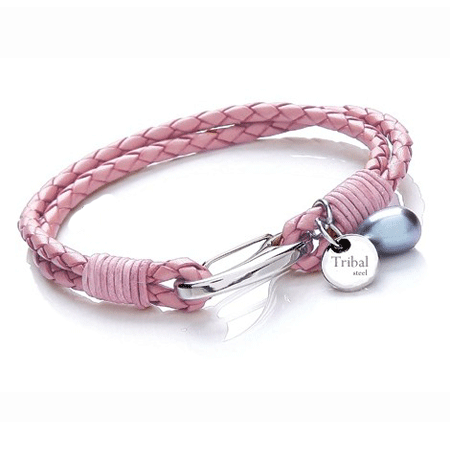T758dp Pink Ladies Leather Bracelet with Pearl & Disc Charms