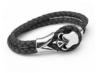 T300 Black Men's Leather Bracelet with Stainless Steel Skull