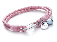 T758dp Pink Ladies Leather Bracelet with Pearl & Disc Charms