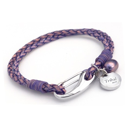T758dp Violet Ladies Leather Bracelet with Pearl & Disc Charms
